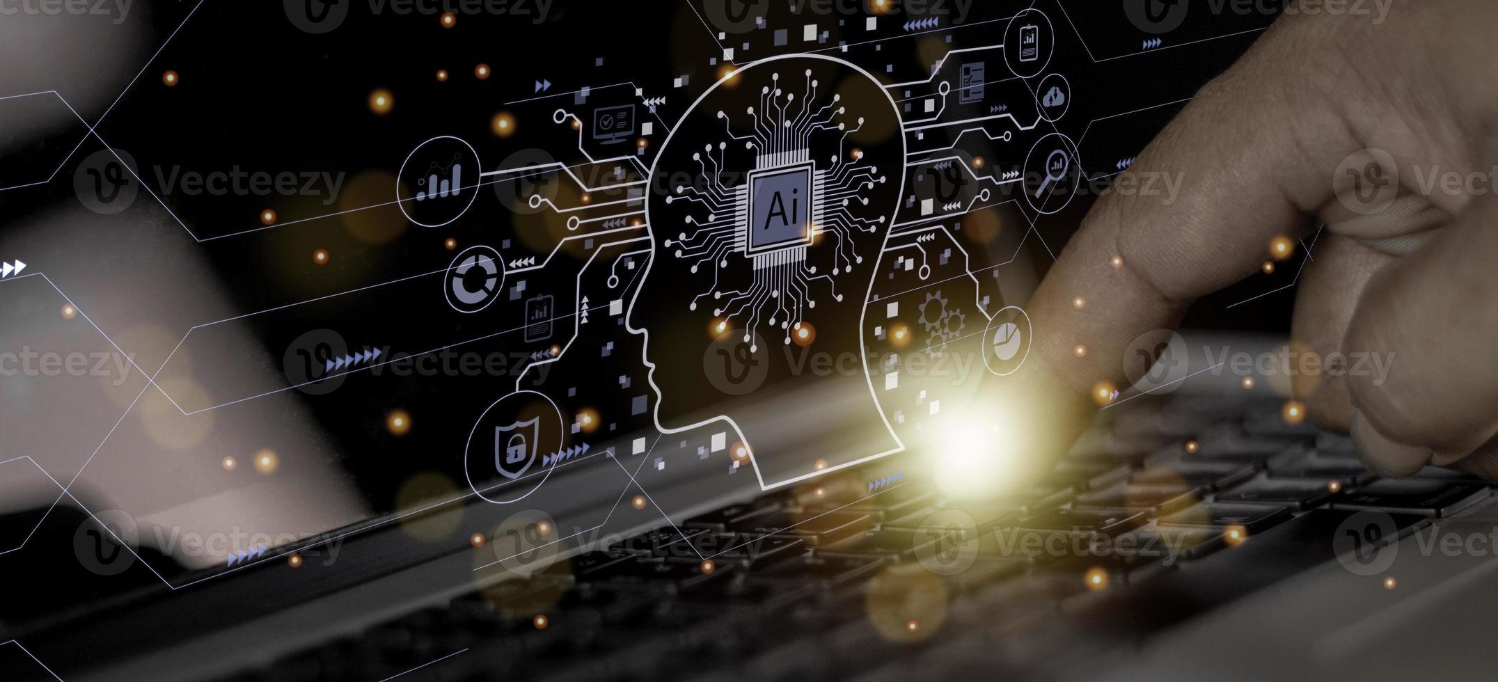 Businessman touching digital chatbot for provide access to information and data in online network, application and global connection, AI, Artificial intelligence, innovation and technology. photo