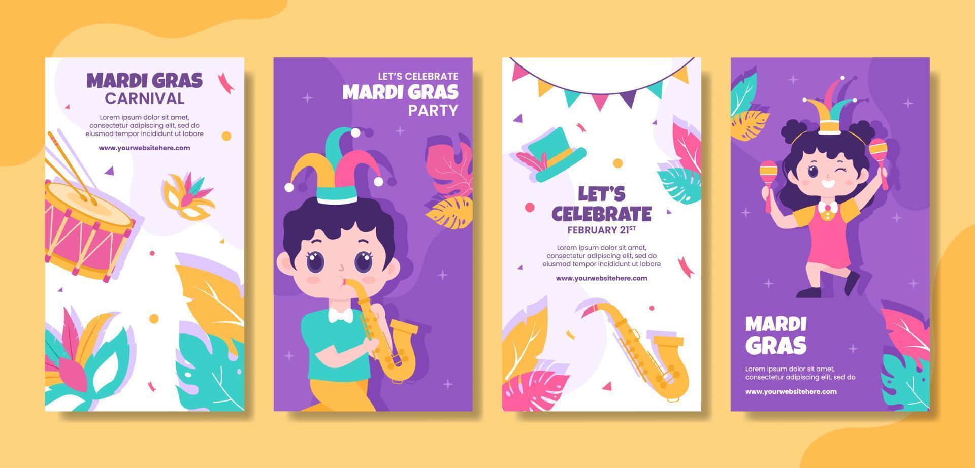 Mardi Gras Carnival Social Media Stories Flat Cartoon Hand Drawn Templates Illustration vector