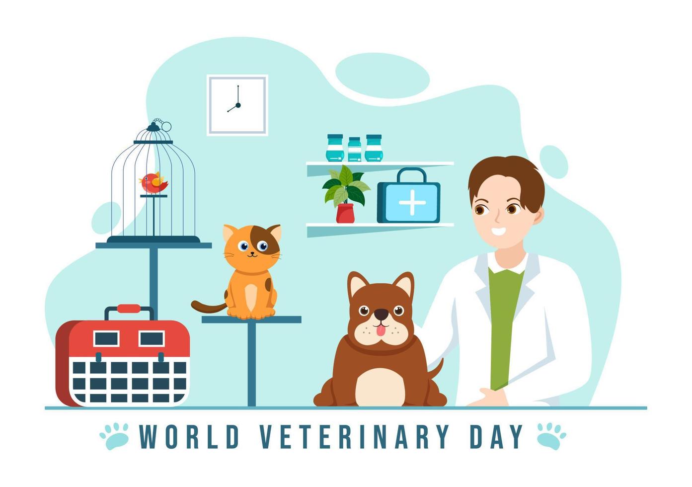 día mundial del veterinario el 29 de abril ilustración con doctor y animales lindos perros o gatos en dibujos animados planos dibujados a mano para plantillas de página de destino vector