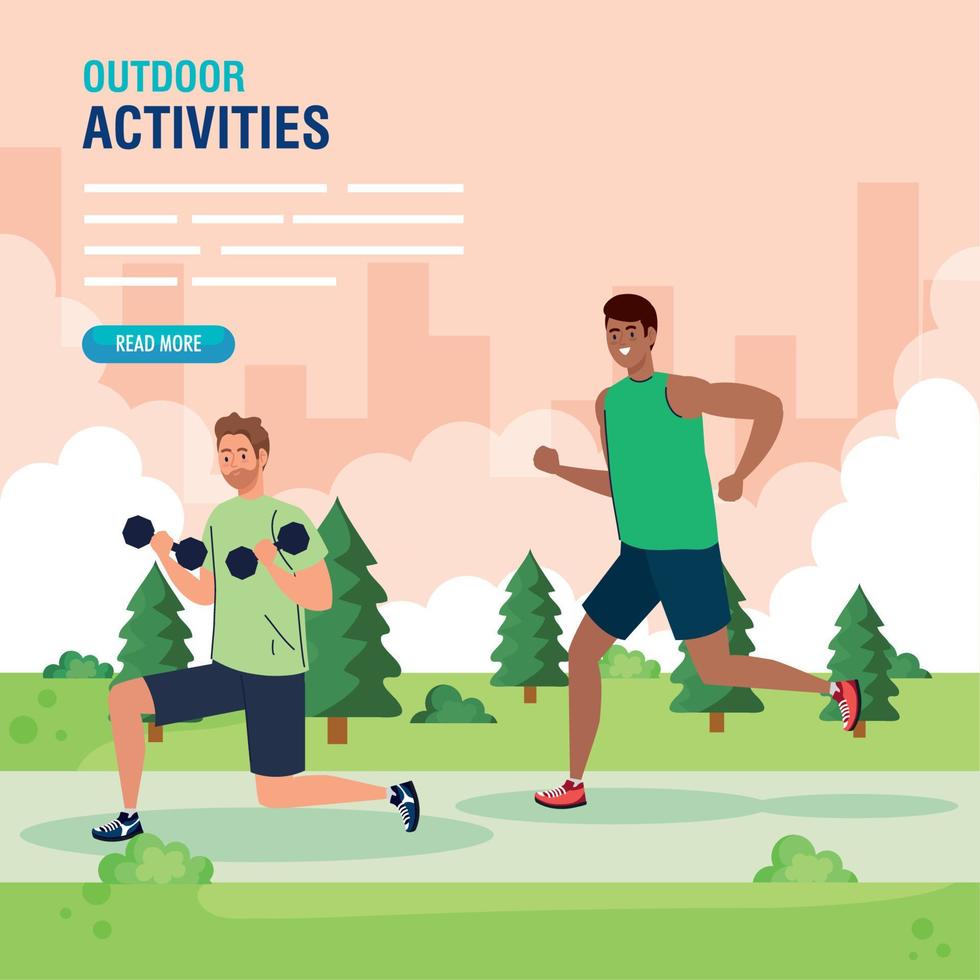 young men doing exercises outdoor, sport recreation exercise vector