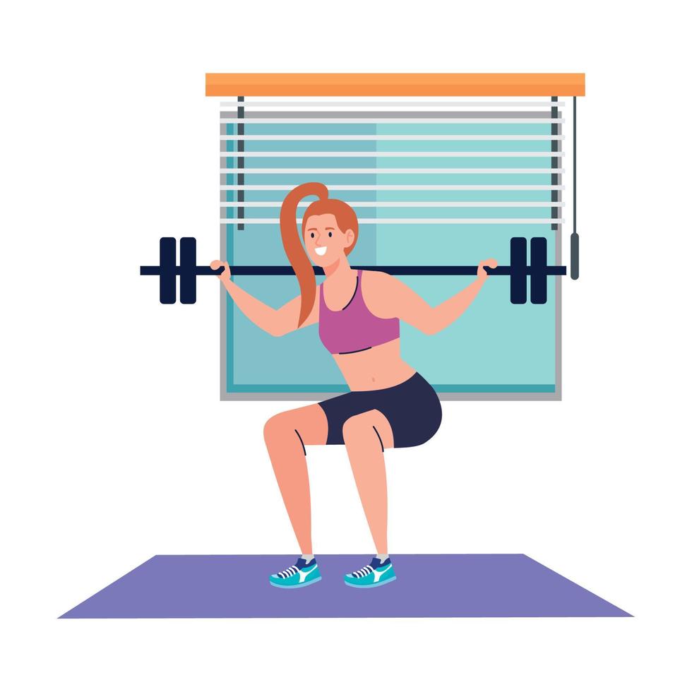 woman doing squats with weight bar in the house, sport recreation exercise vector