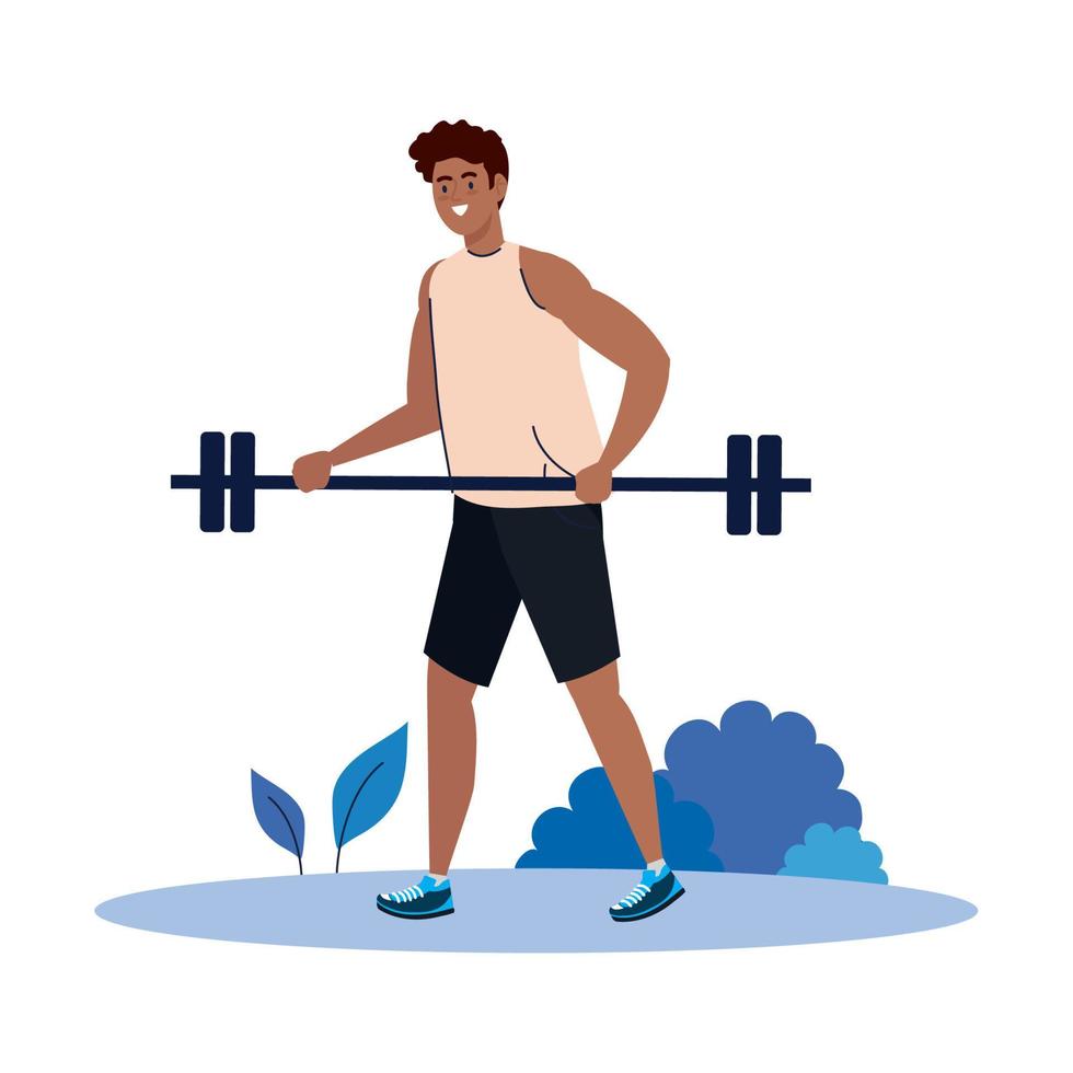 man afro with weight bar outdoor, exercise sport recreation vector