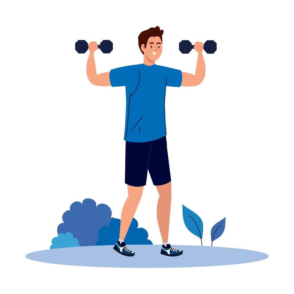 man practicing exercises with dumbbells outdoor, recreation sport vector