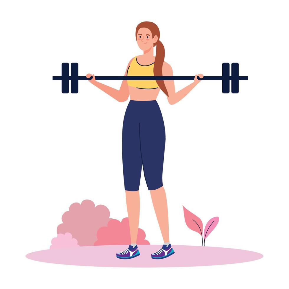 woman doing exercises with weight bar outdoor, sport recreation exercise vector