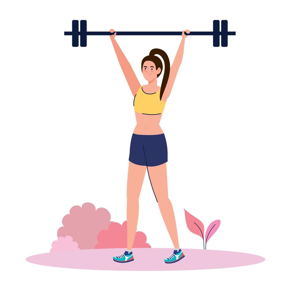 Mujer haciendo ejercicios con barra de peso al aire libre, ejercicio de recreación deportiva vector