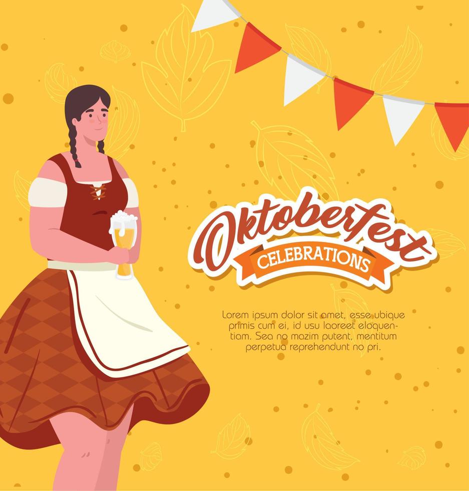 Dibujos animados de mujer oktoberfest con diseño tradicional de vector de tela y cerveza