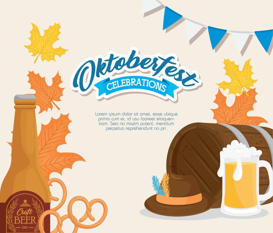 sombrero de botella de vidrio de cerveza oktoberfest y diseño de vector de barril