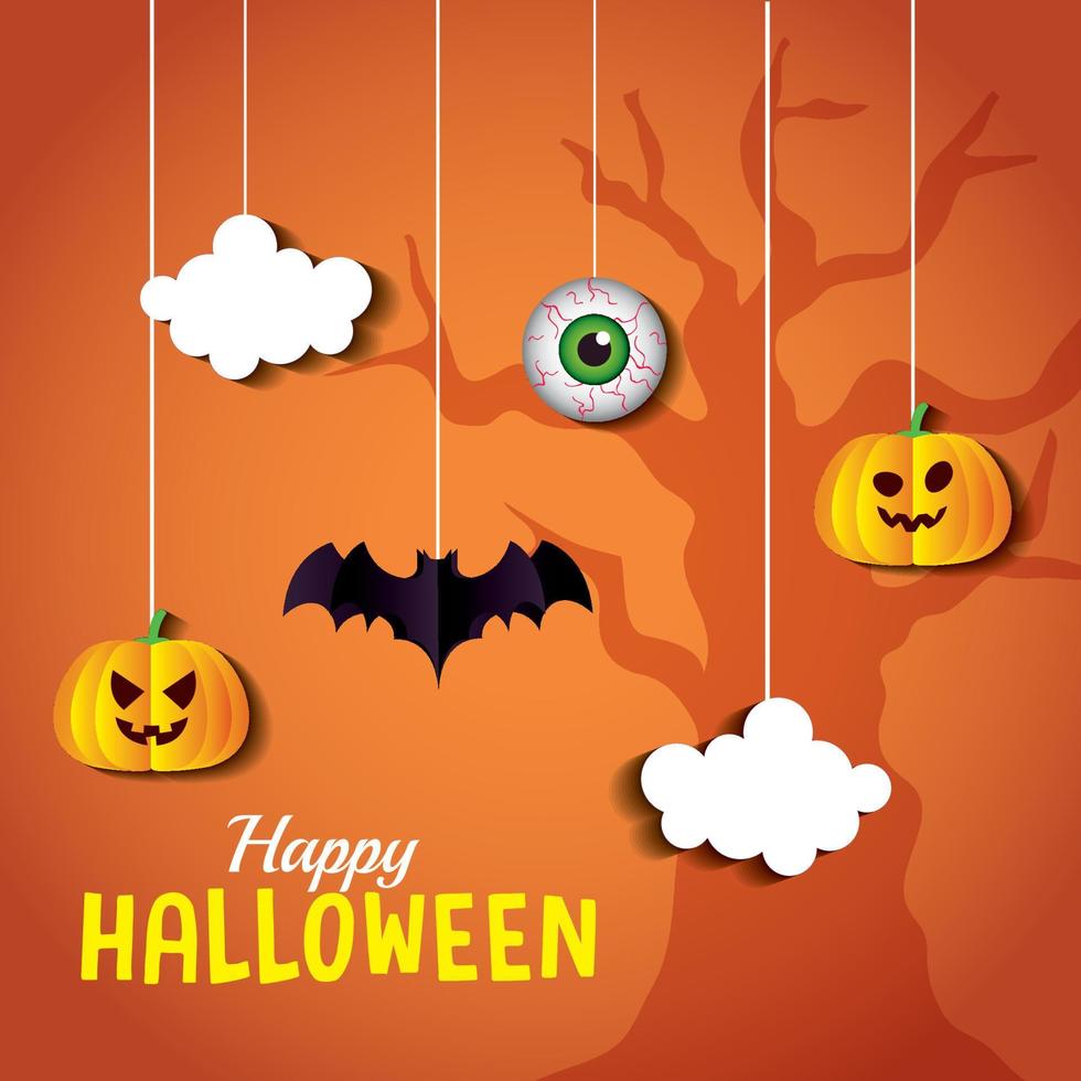 Halloween pumpkins cartoons clouds eye and bat hanging vector design