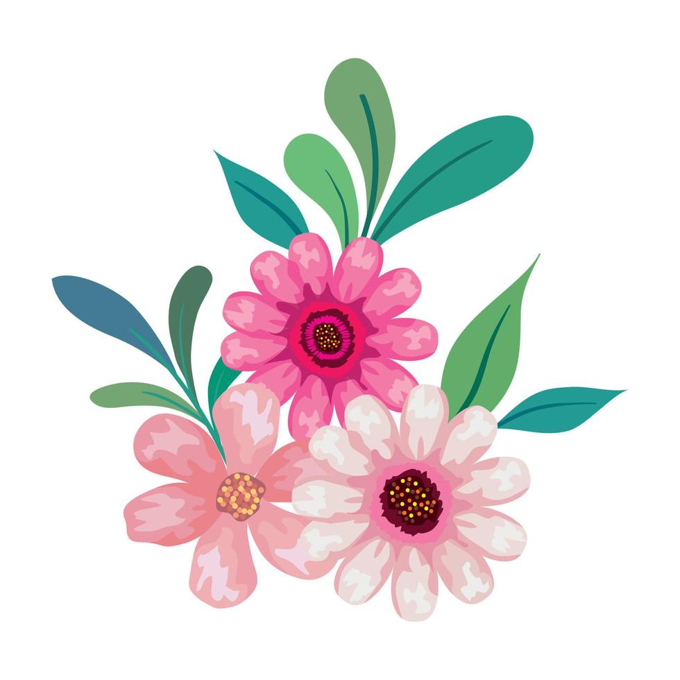 pink flowers drawing with leaves vector design