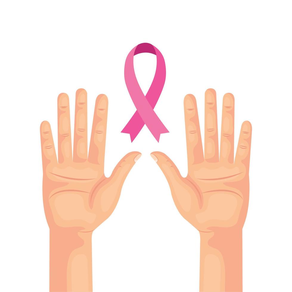 Manos con cinta rosa de diseño de vectores de conciencia de cáncer de mama