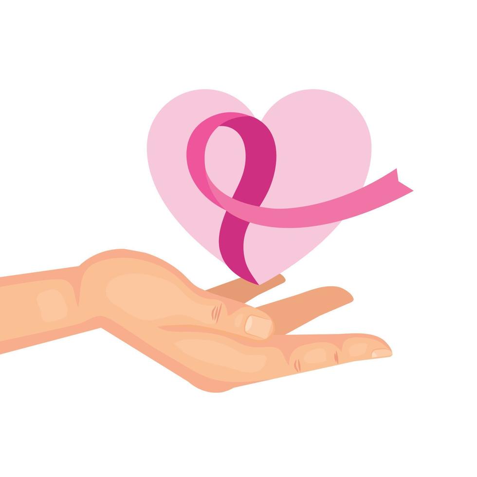 cinta rosa sobre la mano del diseño del vector de concientización sobre el cáncer de mama