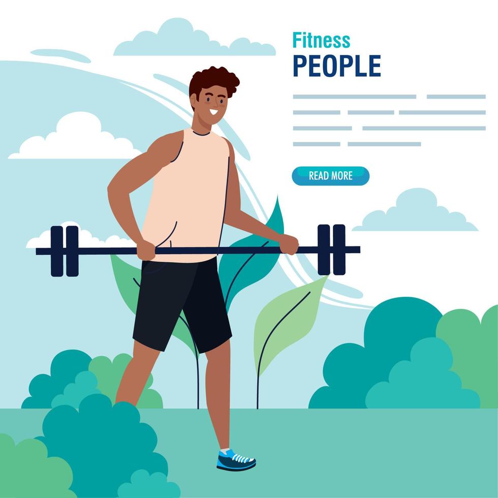 man afro with weight bar outdoor, exercise sport recreation vector