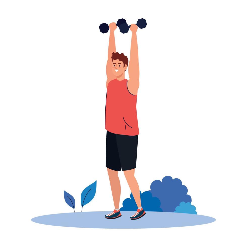 man practicing exercises with dumbbells outdoor, recreation exercise vector
