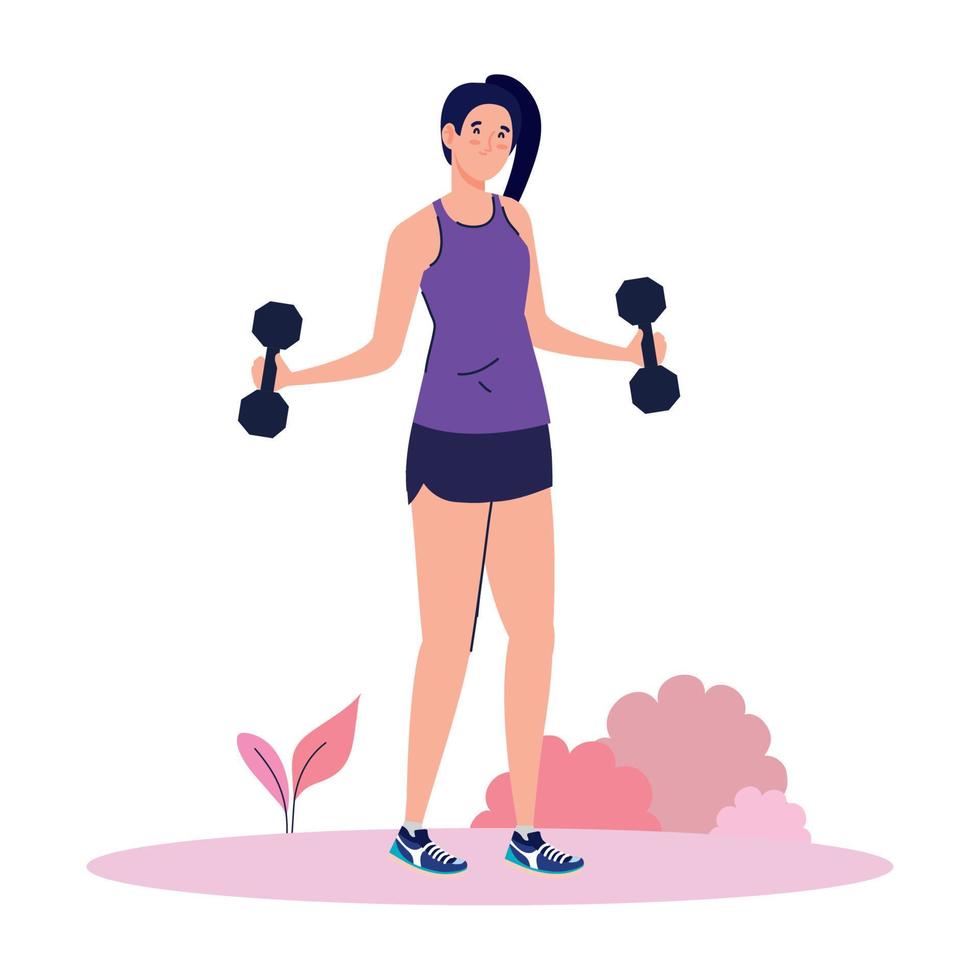 young woman doing exercises with dumbbells outdoor, sport recreation exercise vector