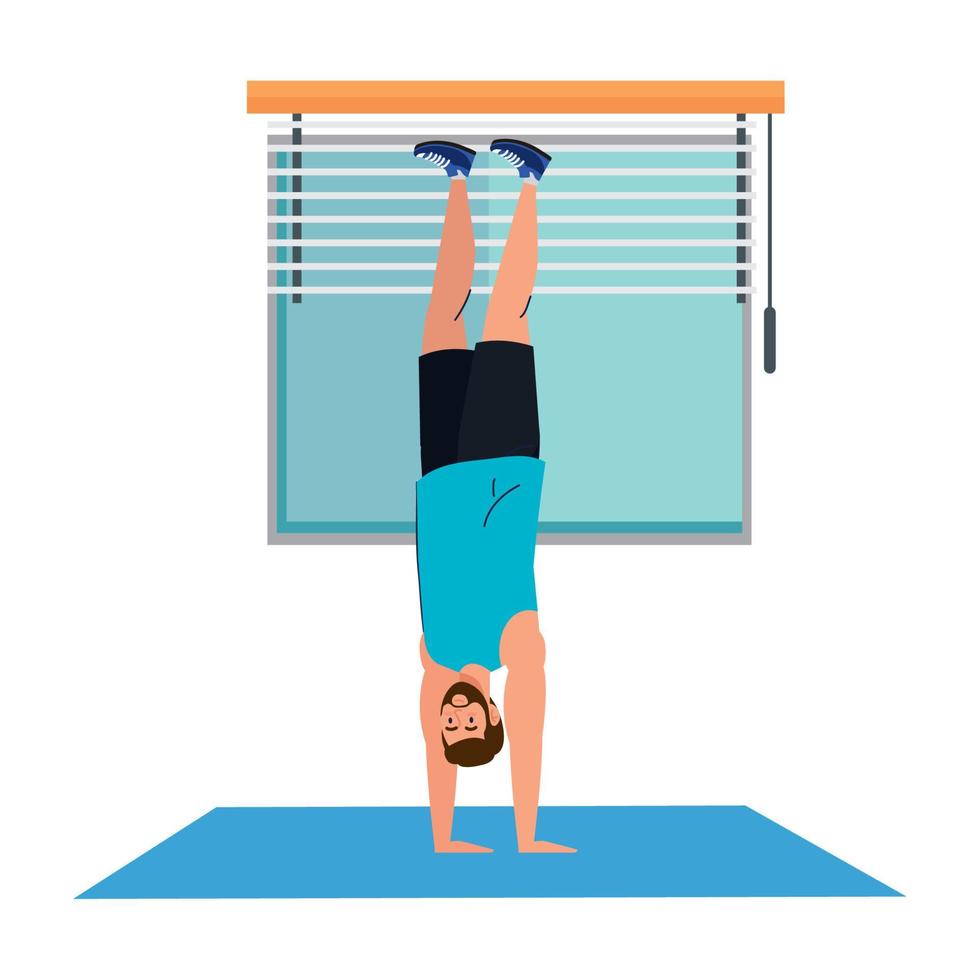 man standing on the hands, in the house, sport recreation exercise vector