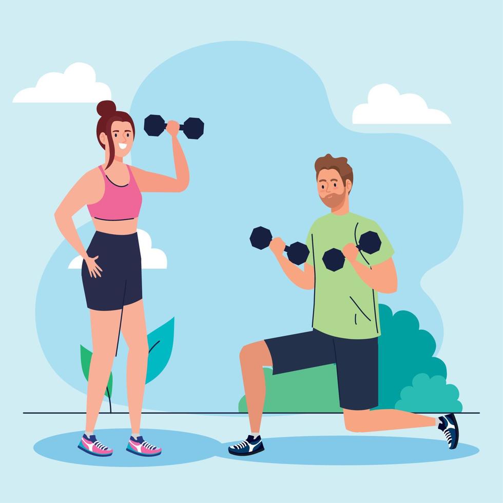 couple doing exercises with dumbbells outdoor, sport recreation exercise vector