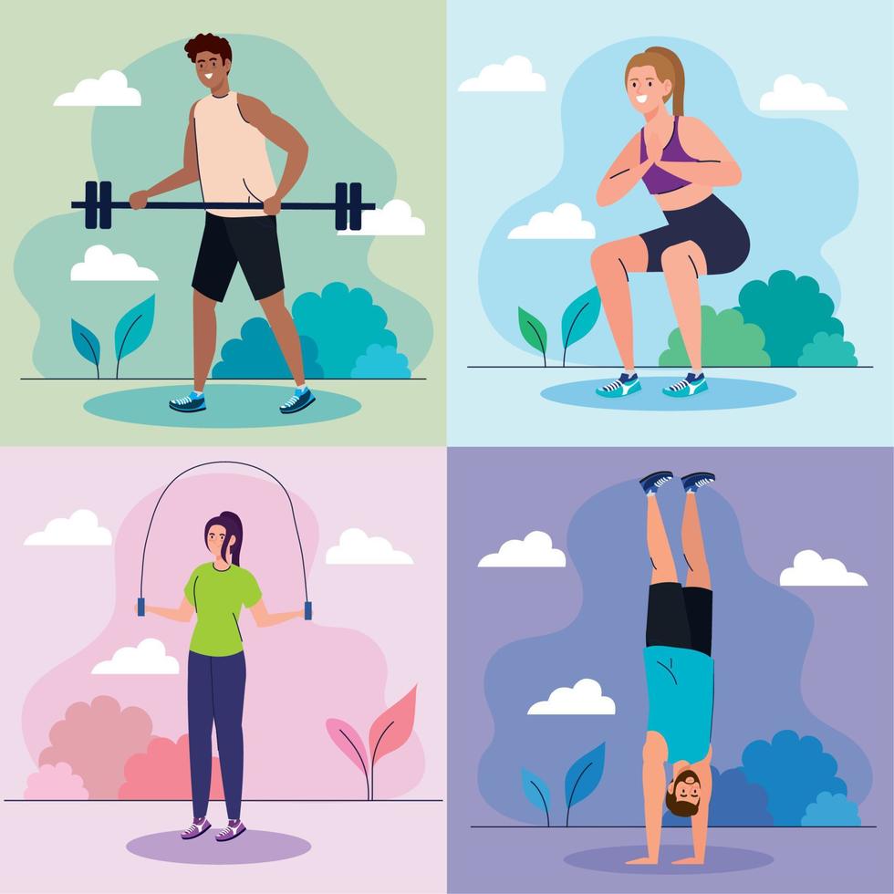 set scenes young people practicing exercises outdoor, sport recreation vector