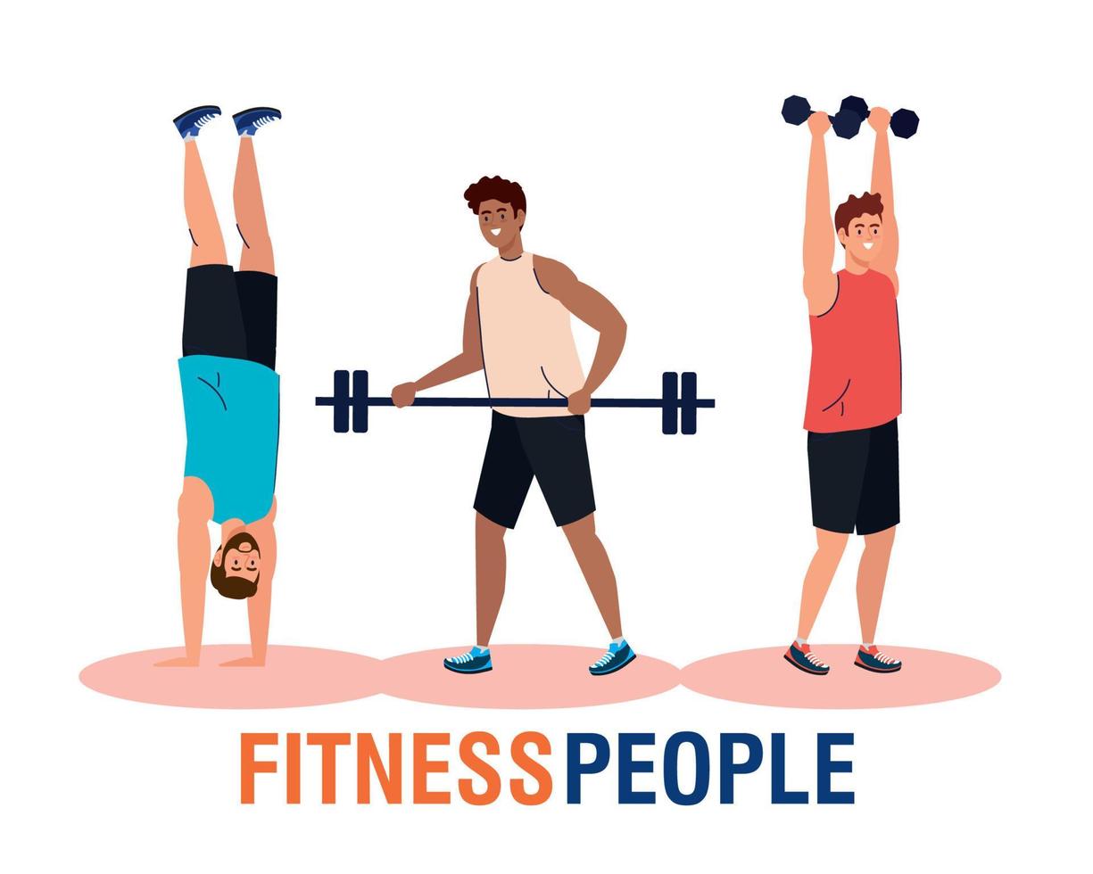 banner fitness people, young men doing exercises, sport recreation exercise vector