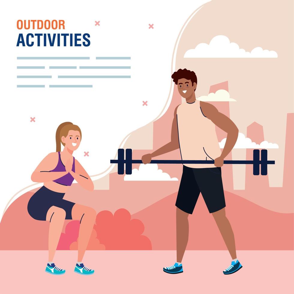 young couple practicing exercise outdoor, exercise sport recreation vector