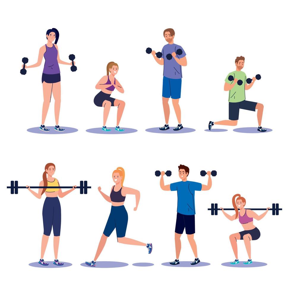 set scenes young people practicing exercises, sport recreation concept vector