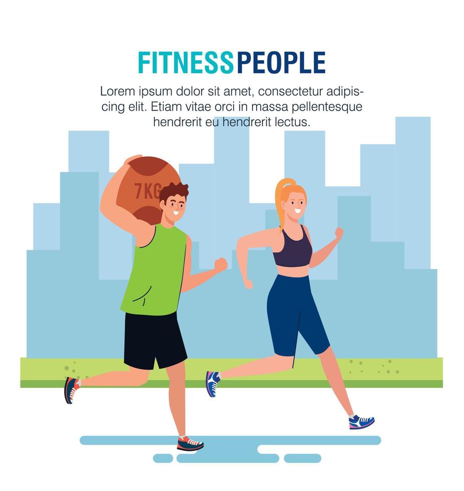 banner fitness people, couple practicing exercise outdoor vector