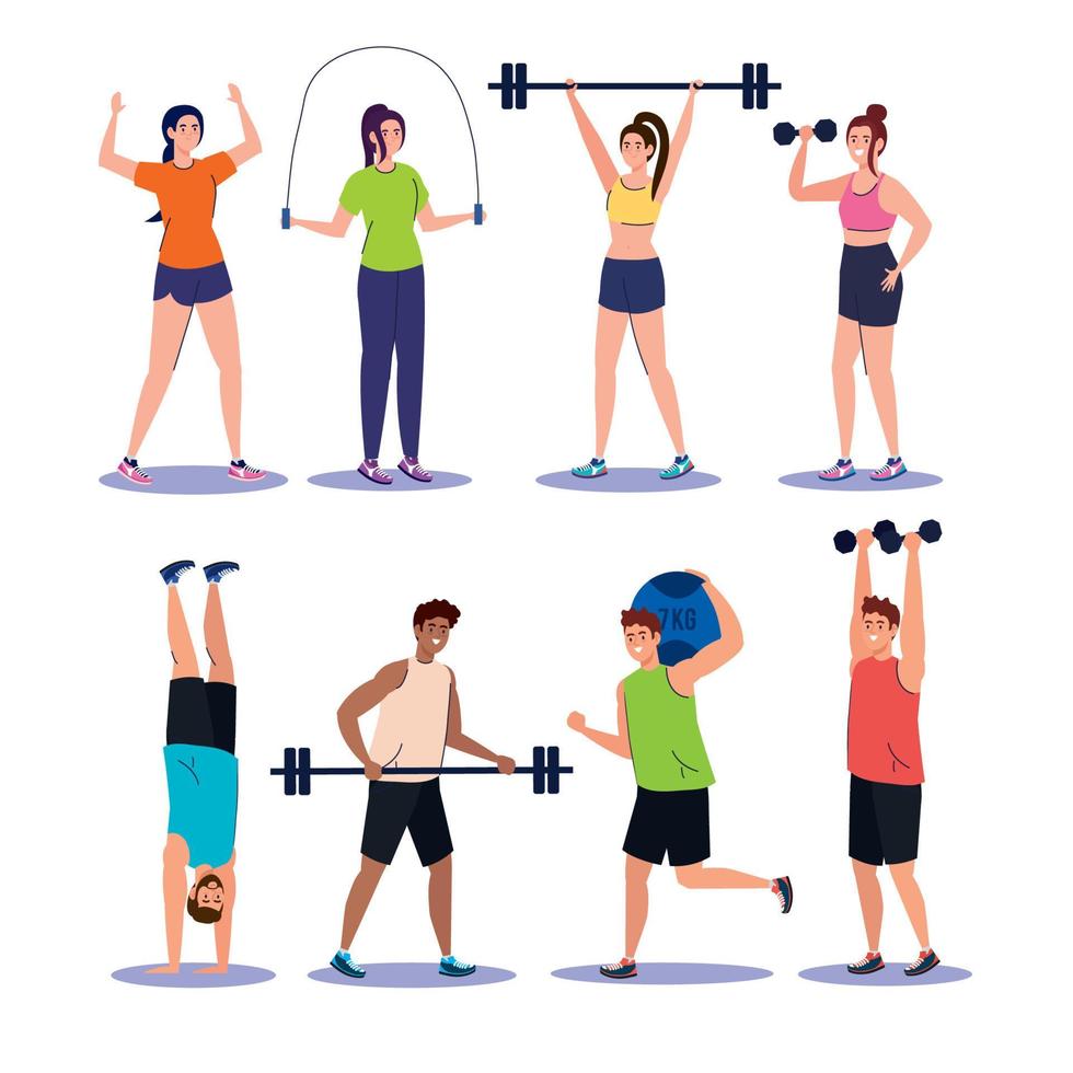 set scenes young people practicing exercises, sport recreation vector