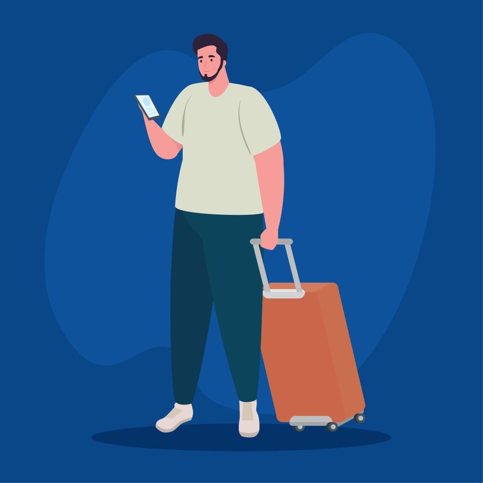 hombre turista que usa un teléfono inteligente con equipaje sobre fondo azul vector