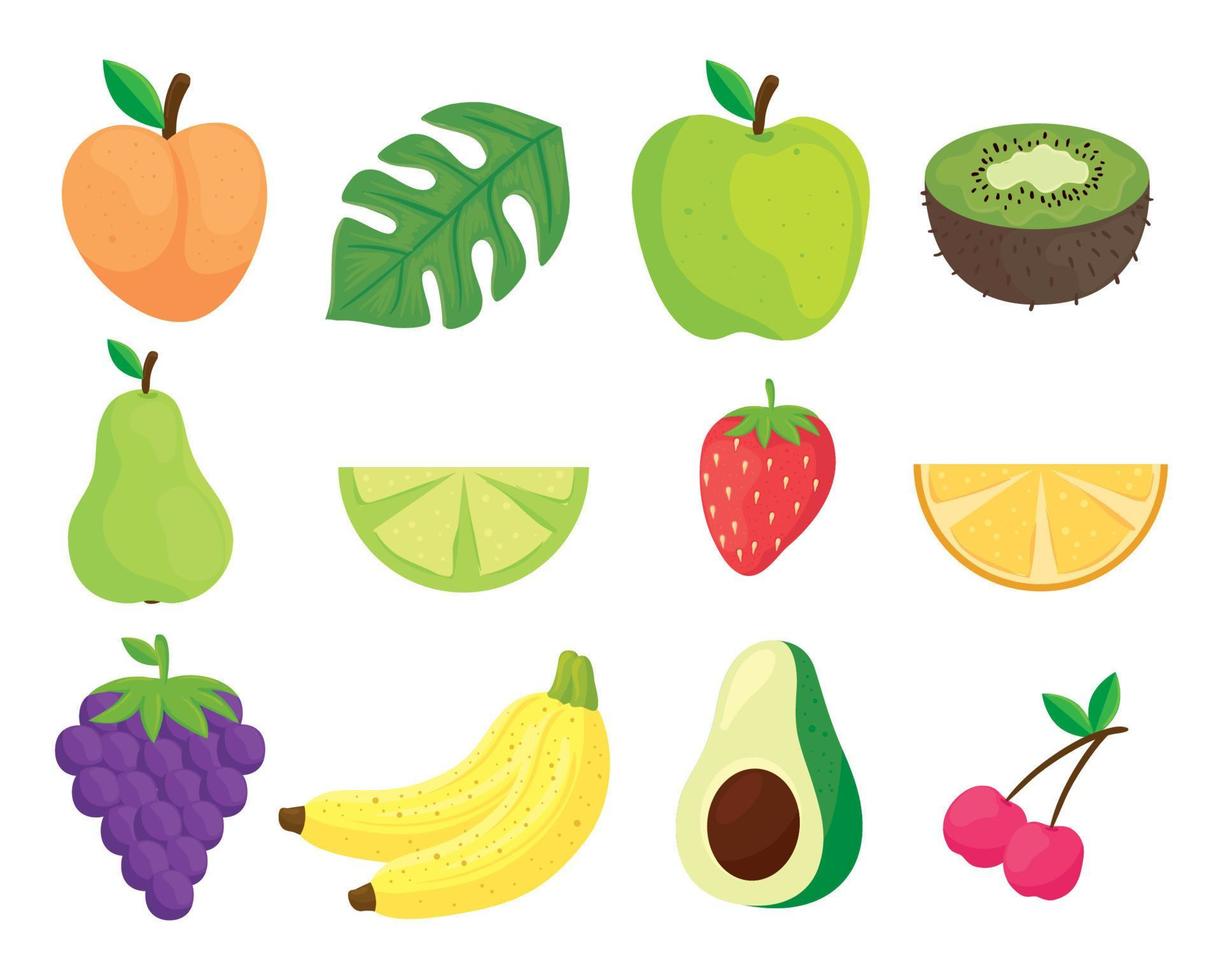 icons set of fresh and healthy fruits and vegetable vector
