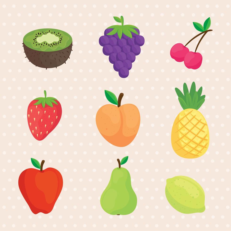 set icons of fresh and delicious fruits vector