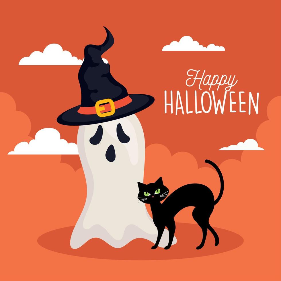 happy halloween banner and ghost, hat witch and cat vector