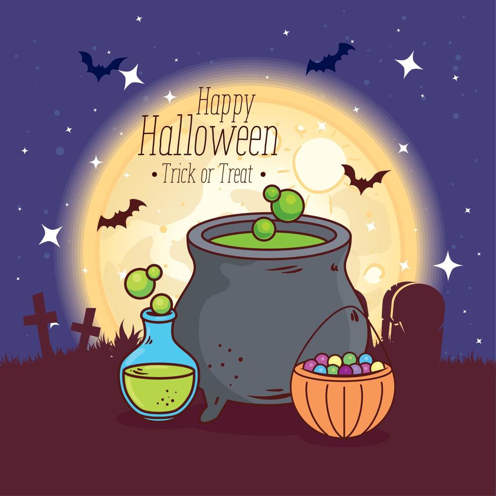 happy halloween, trick or treat banner with cauldron, poison magic and candies vector