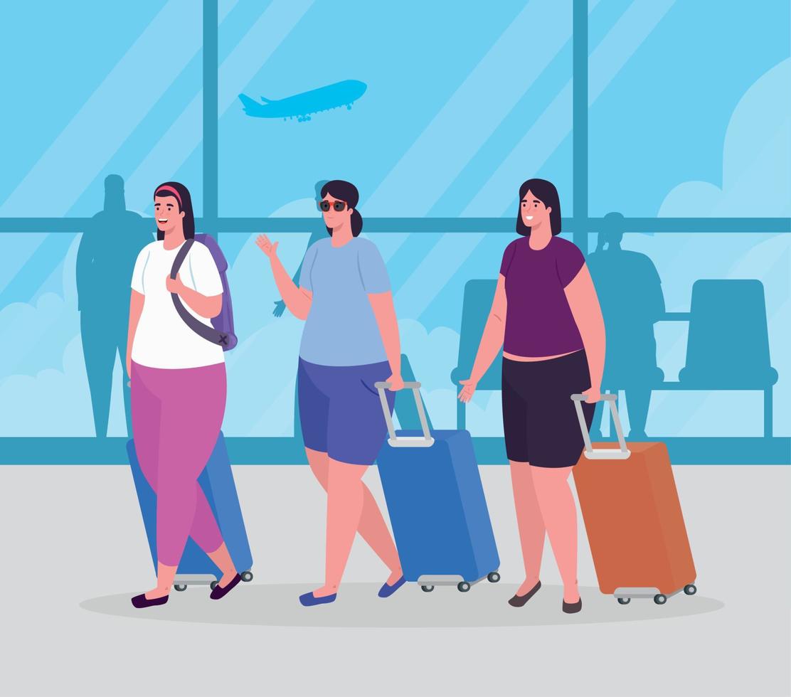 mujeres en la terminal del aeropuerto, pasajeros en la terminal del aeropuerto vector