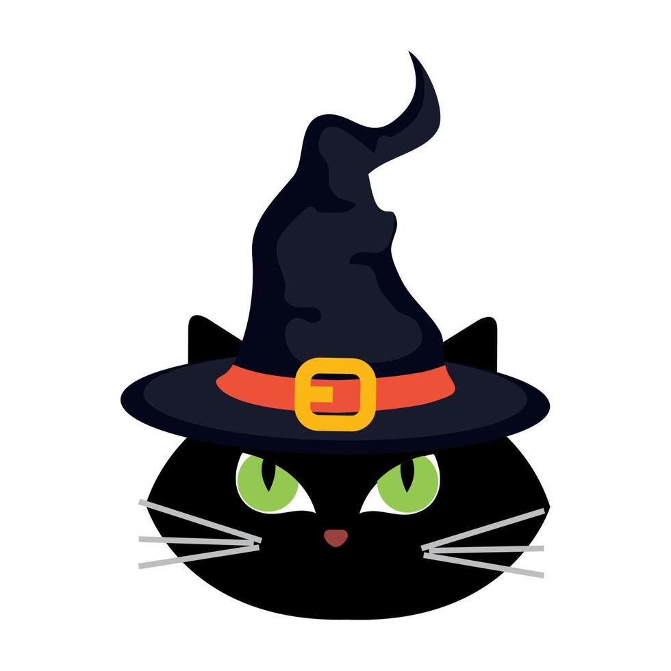 halloween, face of cute black cat with hat witch vector