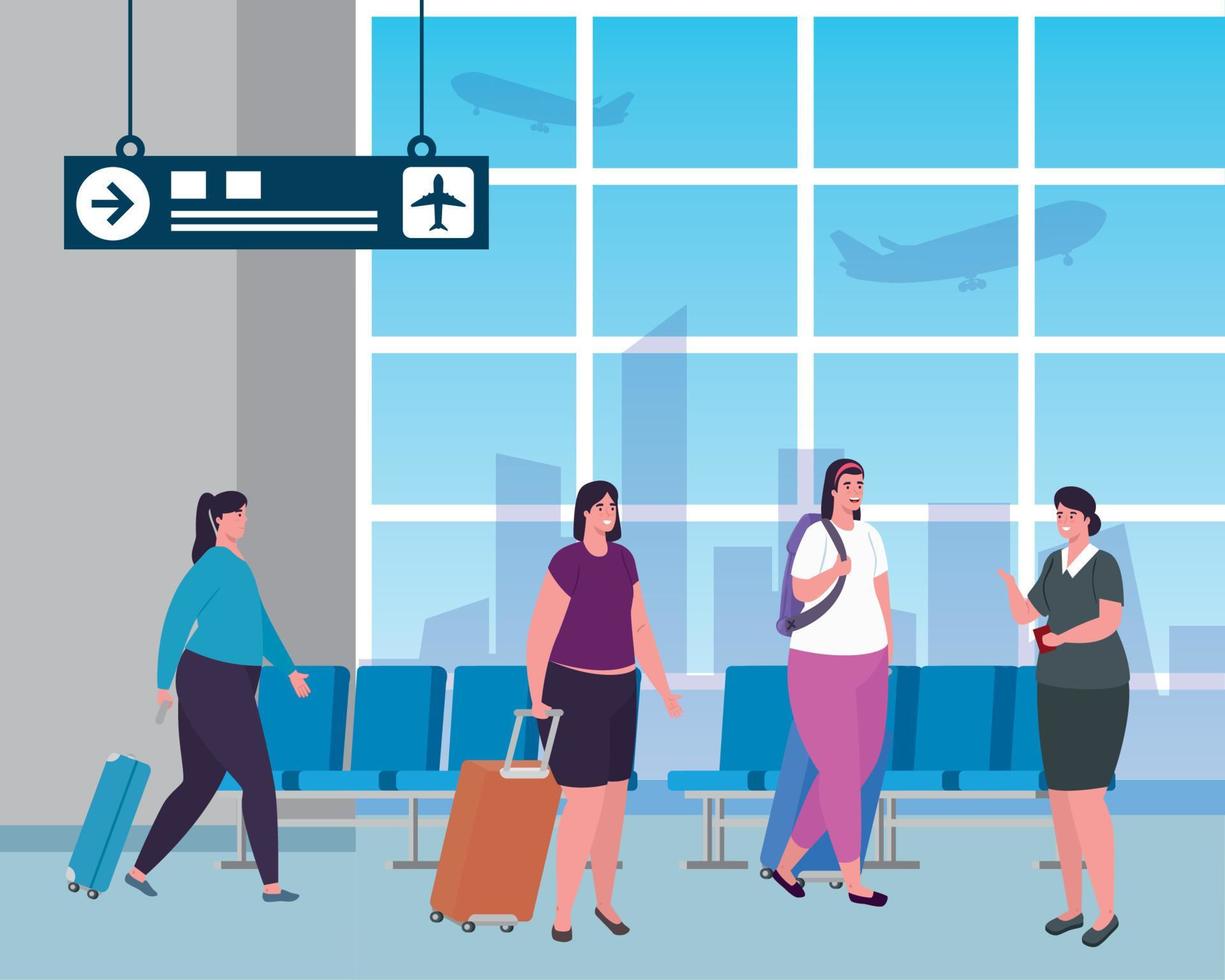 group women and stewardess in the airport terminal, passengers at airport terminal with baggages vector