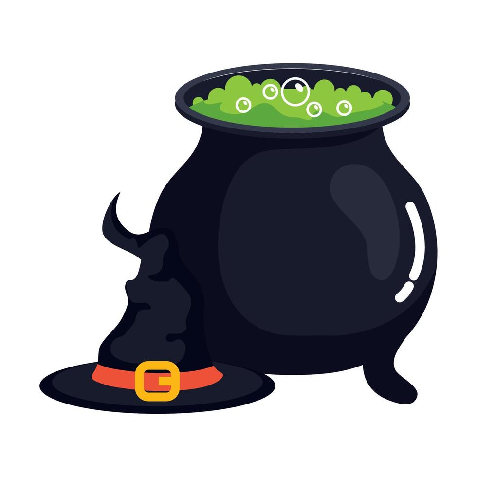 halloween, cauldron and hat witch on white background vector