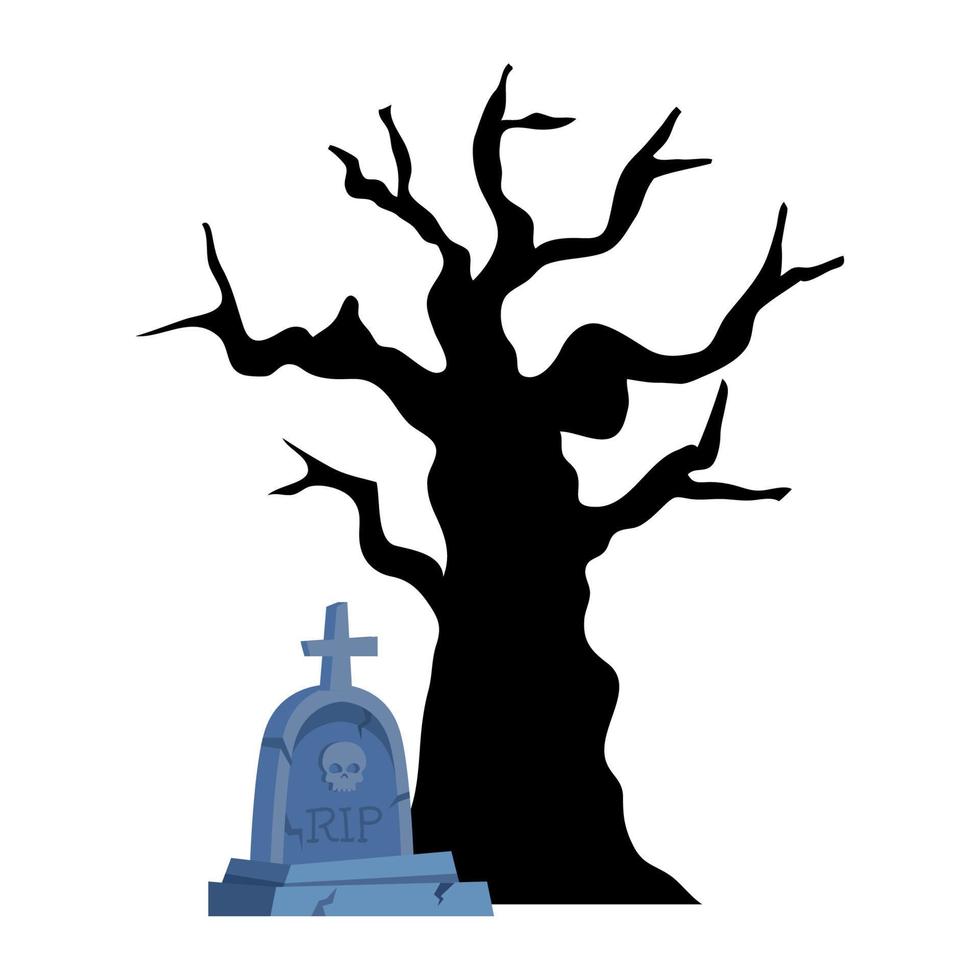 halloween tombstone with dry tree in white background vector