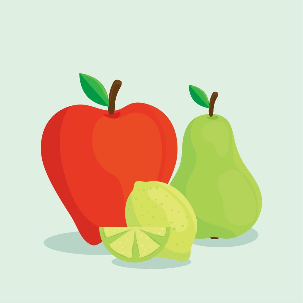 frutas frescas, manzana roja con pera y limón vector