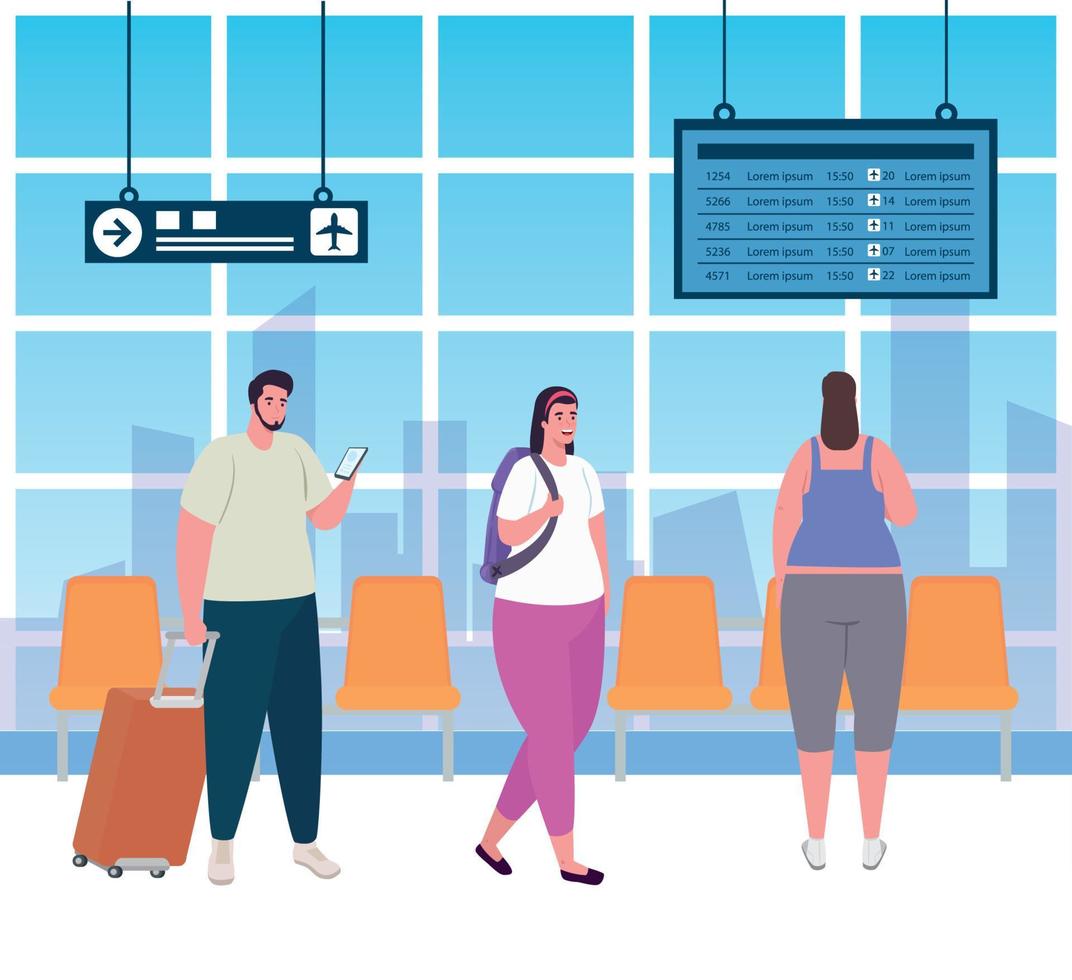 group people in the airport terminal, passengers at airport terminal with baggages vector