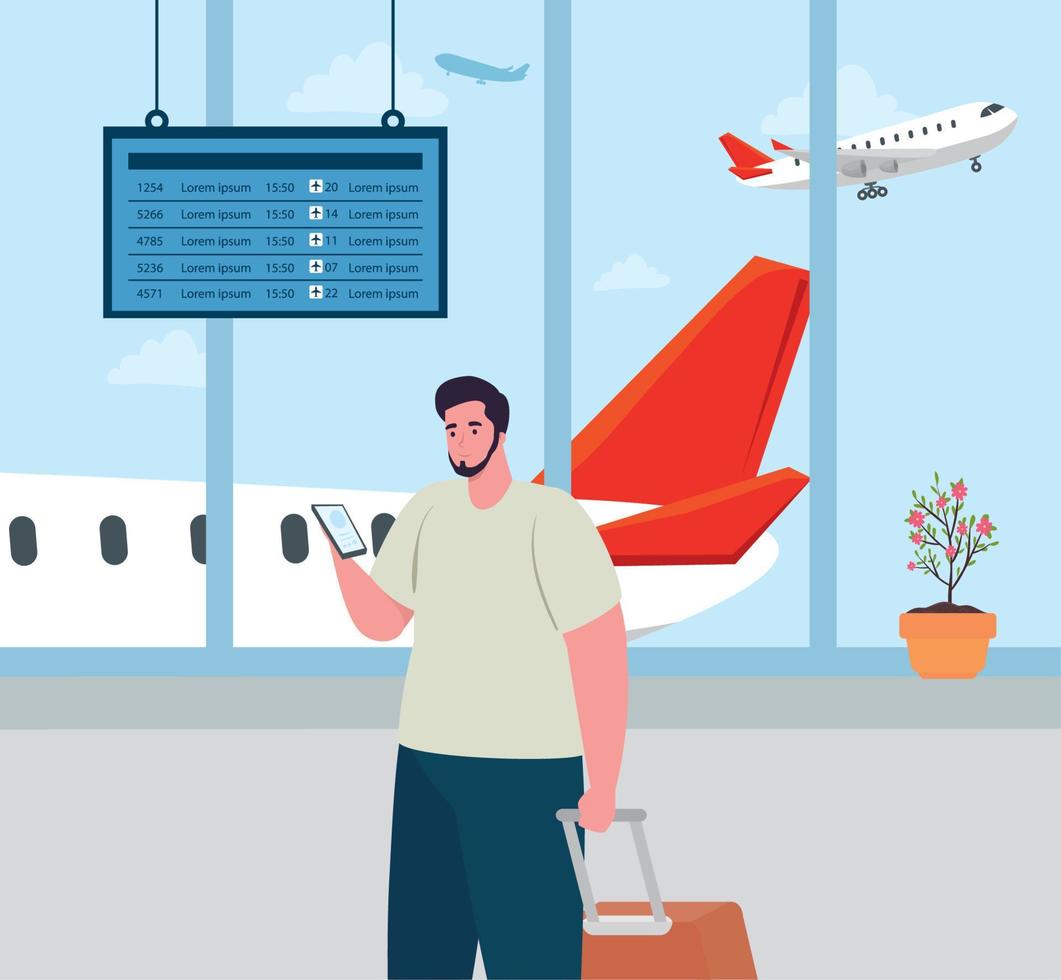 man in the airport terminal, passenger at airport terminal with baggages vector