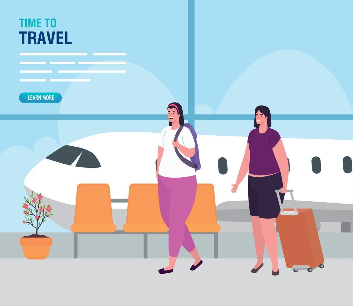 women in the airport terminal, passenger at airport terminal with baggages vector