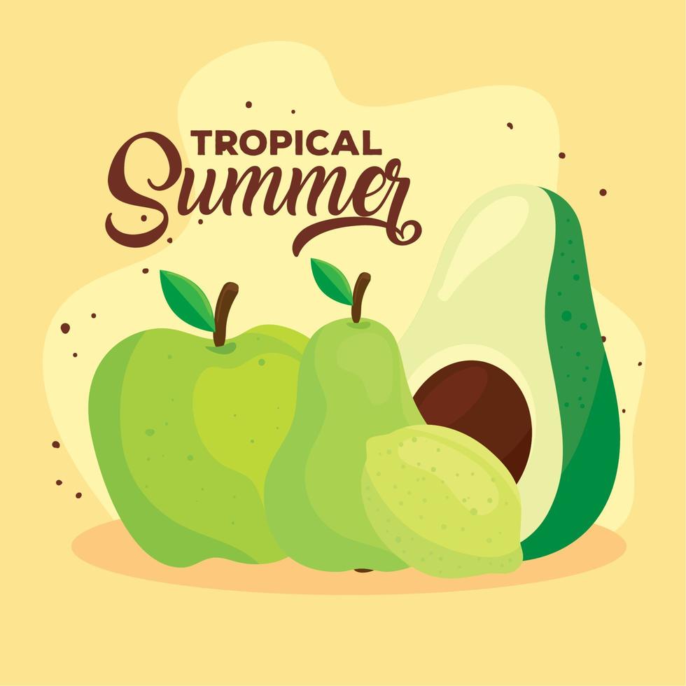 banner de verano tropical con manzana verde, pera, limón y aguacate vector