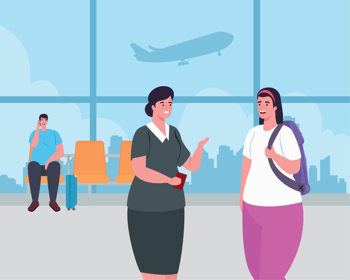 couple and stewardess in the airport terminal vector