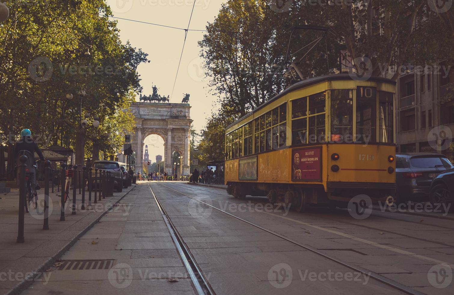 Arco della Pace and tram , Milano , Italy , 2022 Sunday in November photo