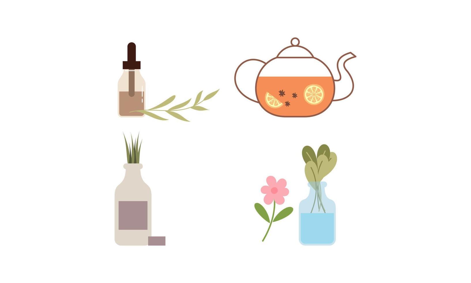 homeopatía, aromaterapia, conjunto de medicina tradicional natural. hierbas, té de hierbas, elementos esenciales naturopáticos homeopáticos, plantas curativas. vector