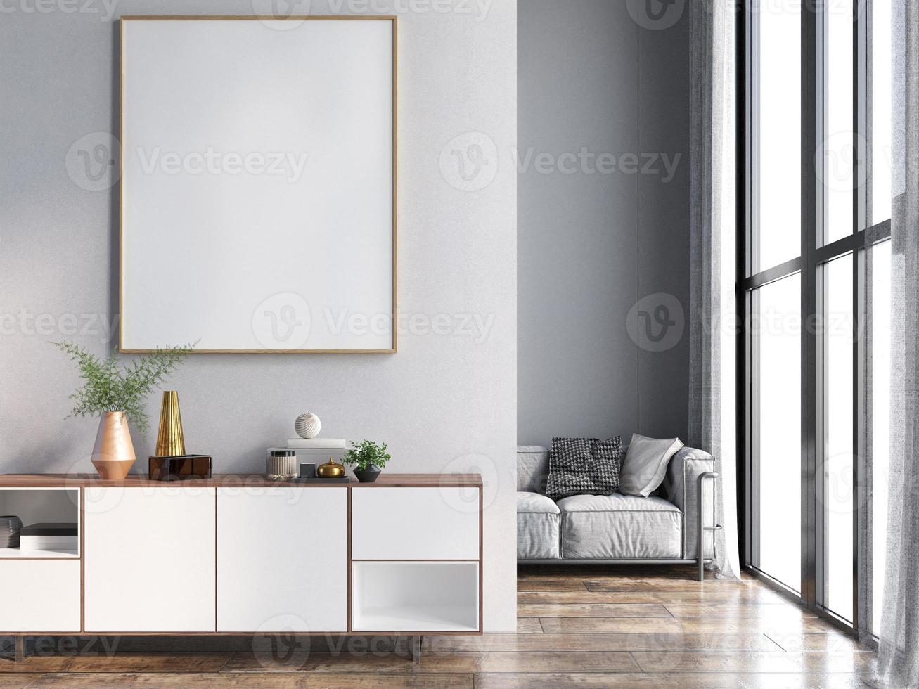 Poster Frame Mockup In Wall Scandinavian Living Room Interior photo