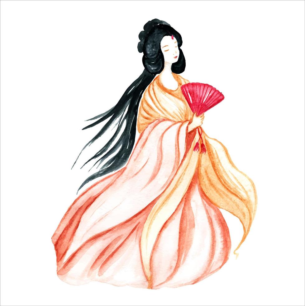 ilustración acuarela de una niña en flores de sakura con un paraguas japonés. hermosa niña oriental con paraguas caminando bajo la ilustración del árbol de flor de sakura. vector