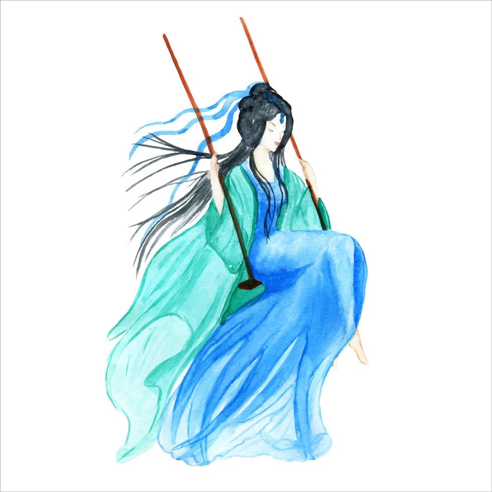 Watercolor illustration of a girl in sakura flowers with a Japanese umbrella.Beautiful eastern girl with umbrella walking under sakura blossom tree illustration. vector