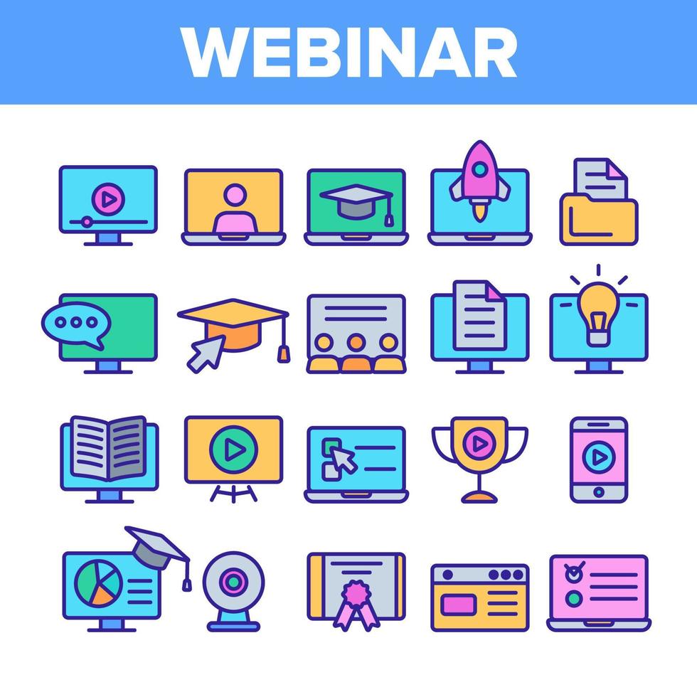 webinar, conjunto de iconos lineales vectoriales de educación en línea vector