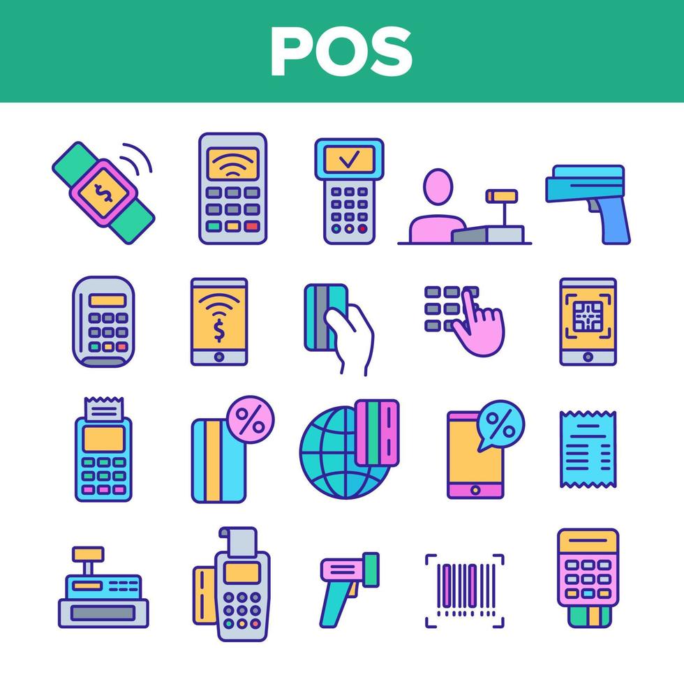 pos terminal, conjunto de iconos lineales de vector de pago móvil