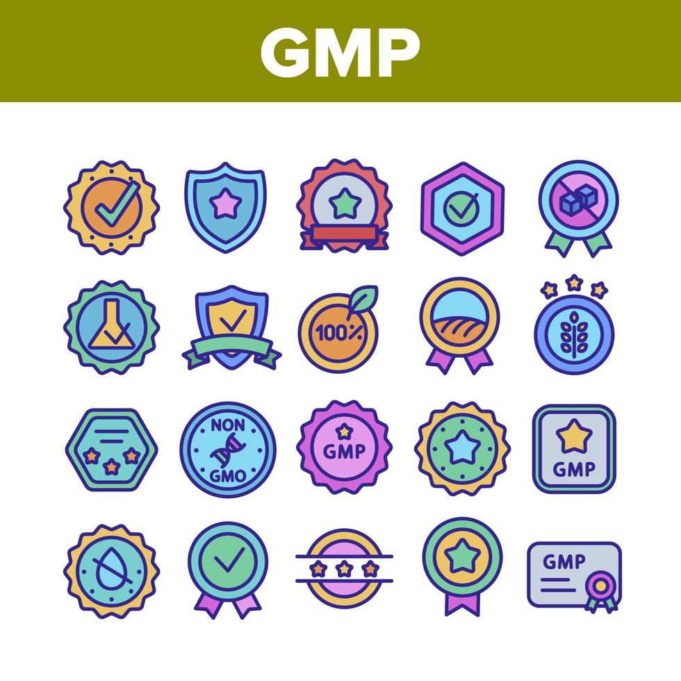 conjunto de iconos de colección de marcas certificadas gmp vector